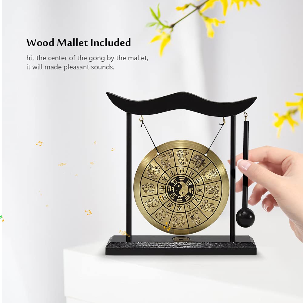 Wakects Mini Gong da Tavolo con Mazza, Strumento a Percussione, Tema Dodici Zodiaci Cinesi, Rame e Legno