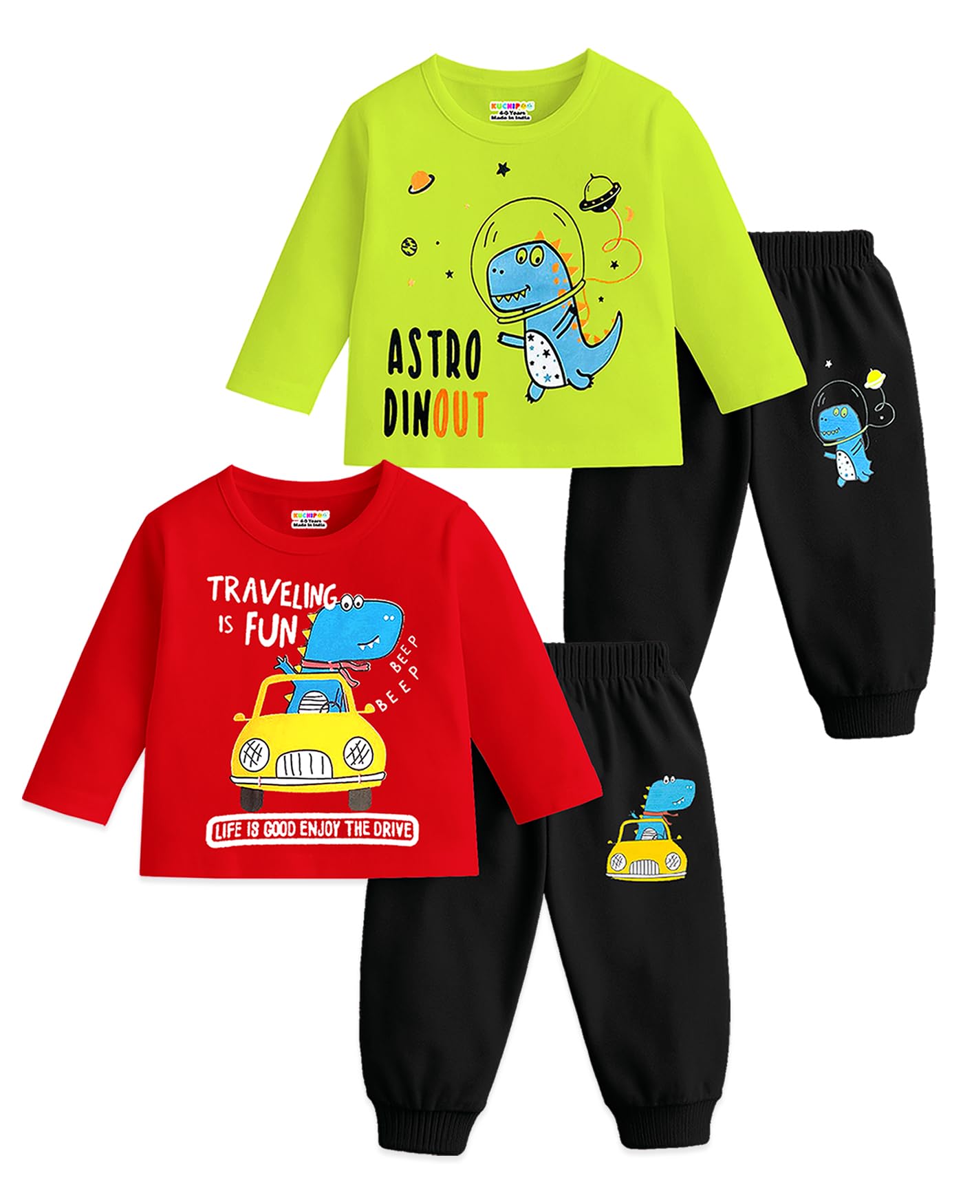 Kuchipoo Baby Boy Regular Fit Cotton T-Shirts and Pyjamas Sets