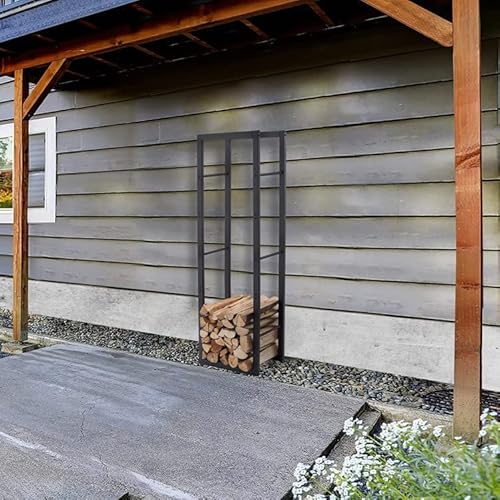 Lendo Online Kaminholzregal + Tragetasche - Innen & Außen - Feuerholzregal - Kaminholzständer - Brennholzregal - Schwarz - Metall (50x25x148cm)