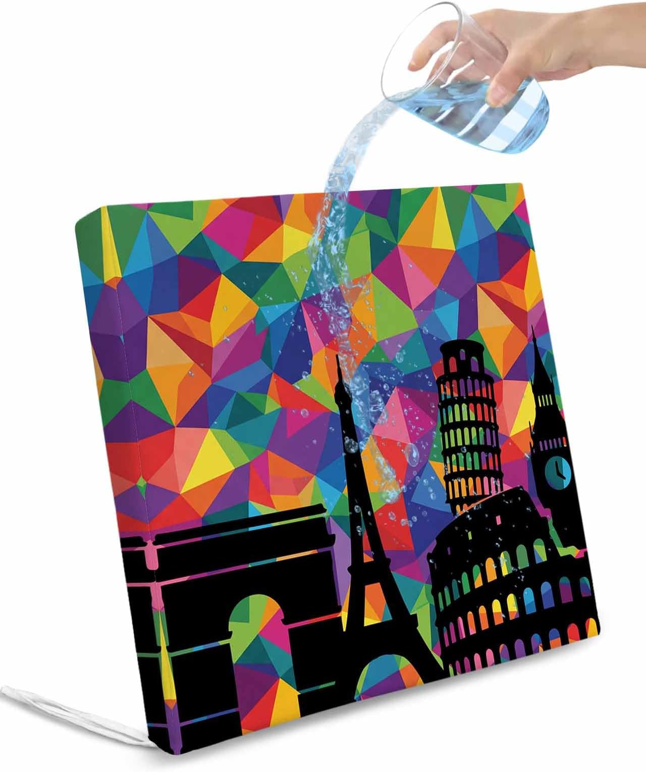 Eiffel Tower 4 Pack Waterproof Cushion Covers with Ties Modern Colorful European Architectural Art Outdoor Patio Chair Seat Cushion Slip Covers Replacement(Only Cover) 22''x22''x4''