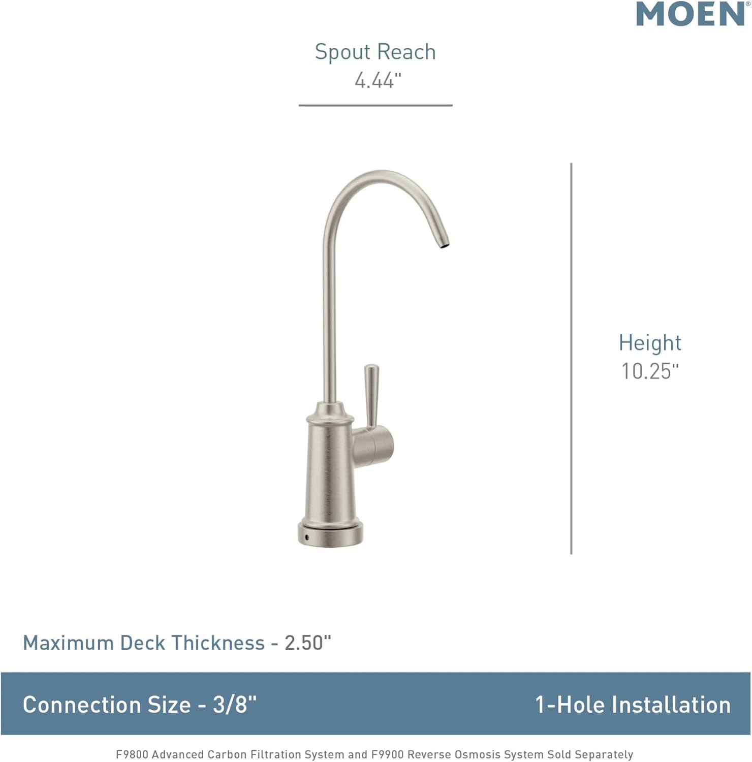 Diagram showing Moen faucet dimensions: Spout Reach 4.44 inches, Height 10.25 inches, Maximum Deck Thickness 2.50 inches, Connection Size 3/8 inch, 1-Hole Installation