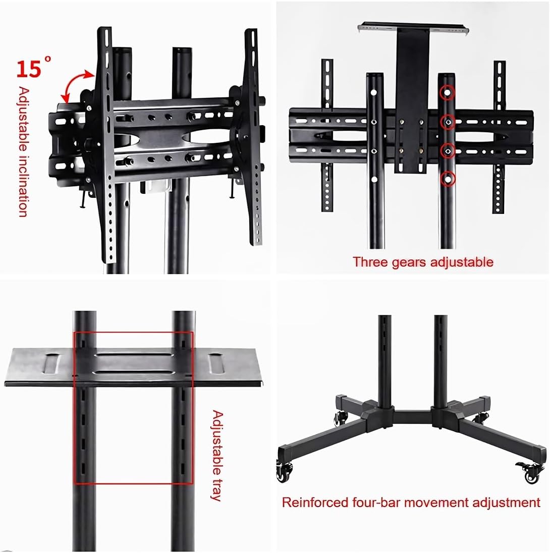 TIWA Mobile TV Cart Rolling Stand for 23-75" TVs | Adjustable Height Tilt Shelf Wheels | Heavy Duty Universal VESA 75x75-600x400 Lockable Casters Office Home 88lbs