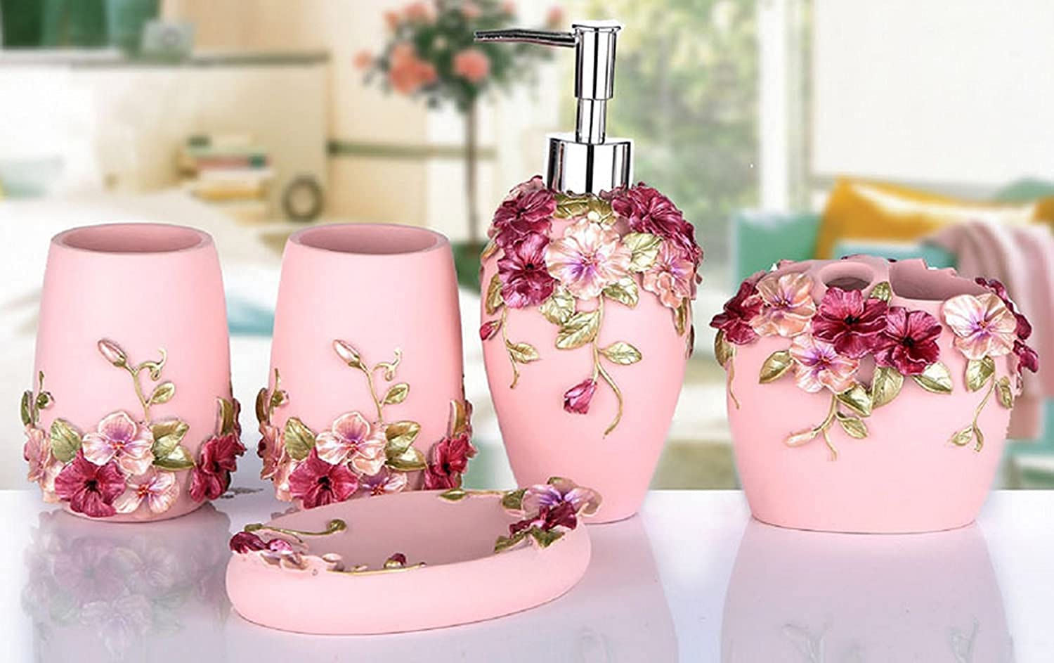 Sxspace Pink 1 Resin 5Pcs Bathroom Accessories Set Soap Dispenser/Toothbrush Holder/Tumbler/Soap Dish (Pink) (Pink 1)