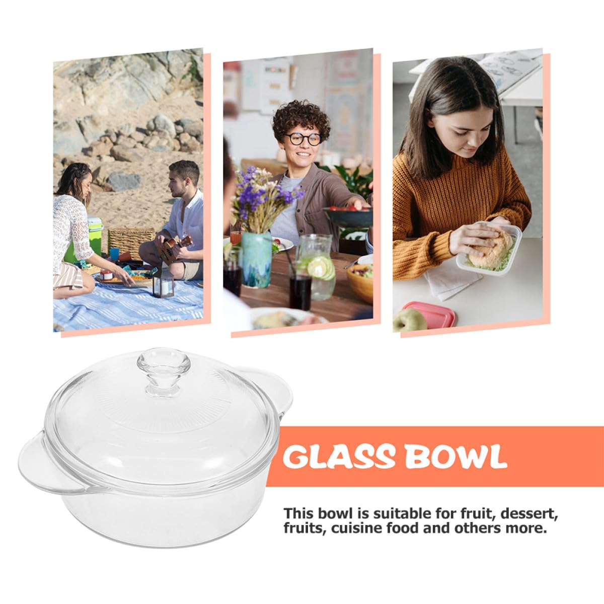 Bol de Ensalada de Vidrio Resistente al Calor 1.7l con Tapa Transparente Fácil de Limpiar y Apilable para Cocina y Hogar