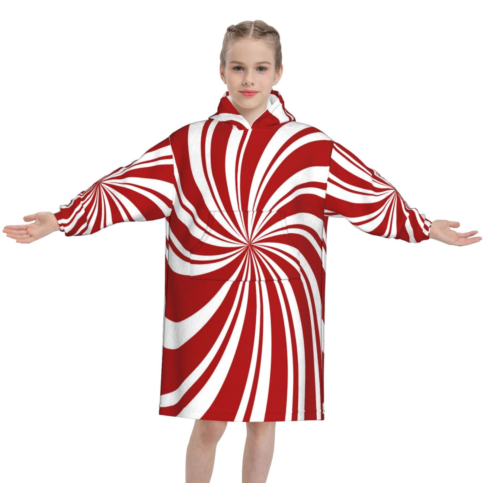 Red Swirl Christmas Wearable Blanket Hoodie for Kids, Oversized Flannel Fleece Sweatshirt, Cozy Blanket Hoodie with Pocket, Gift for Girls Boys Teens — image 1