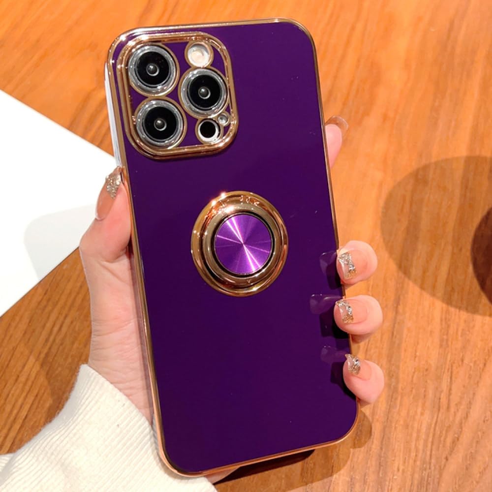 Funda magnética para iPhone 14 Pro Max de lujo plateada con anillo morado oscuro 7