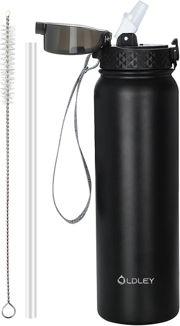 OLDLEY Stainless Steel Water Bottle with Straw 1L Vaccum Insulated Large Drink Flask Metal Water Bottles 1 Litre Leakproof Keep Drinks Hot Cold for Bike Camping Sports Gym Adult Women Men