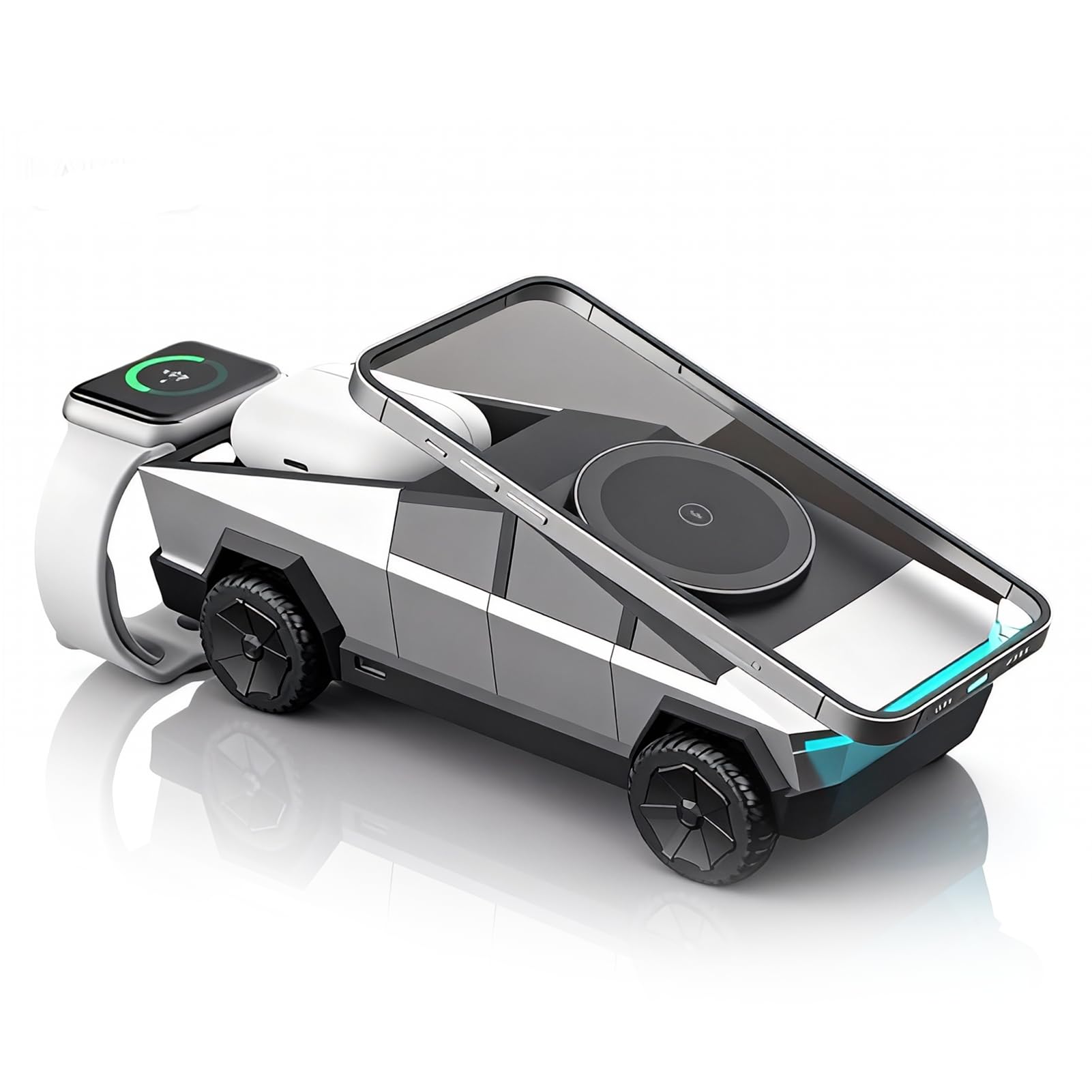 Cyberdock Supporto di Ricarica Magnetico 3 in 1 per Smartphone IOS, Modello di Auto in Scala 1:25, Caricatore Wireless Veloce Certificato QI con Luce Ambientale (SILVER)