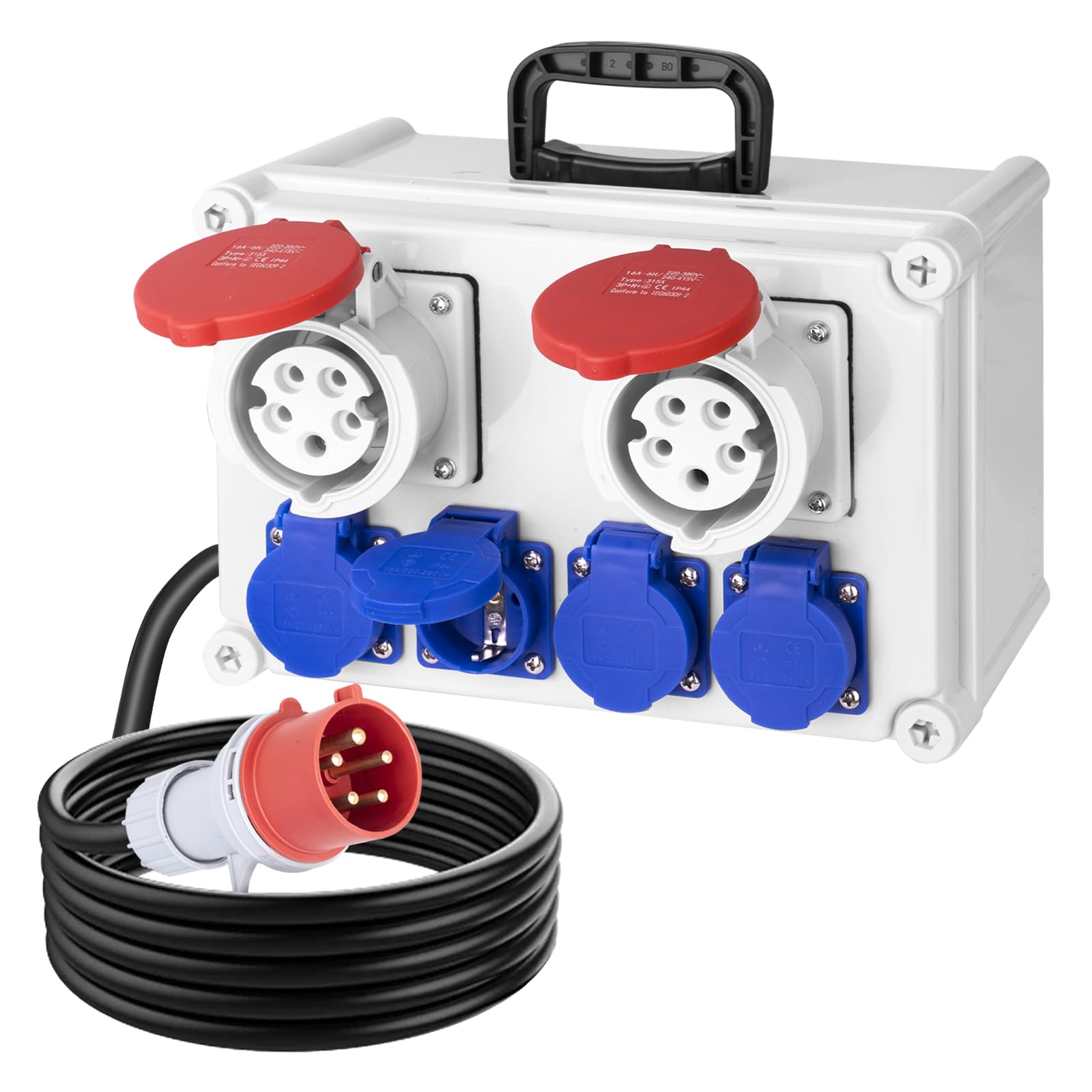 CHENGPI Distributore di corrente da parete, IP44, 2 prese CEE a 5 poli, 16 A, 4 prese Schuko da 16 A, scatola di distribuzione di corrente con cavo da 150 mm (spina CEE a 5 poli), per esterni