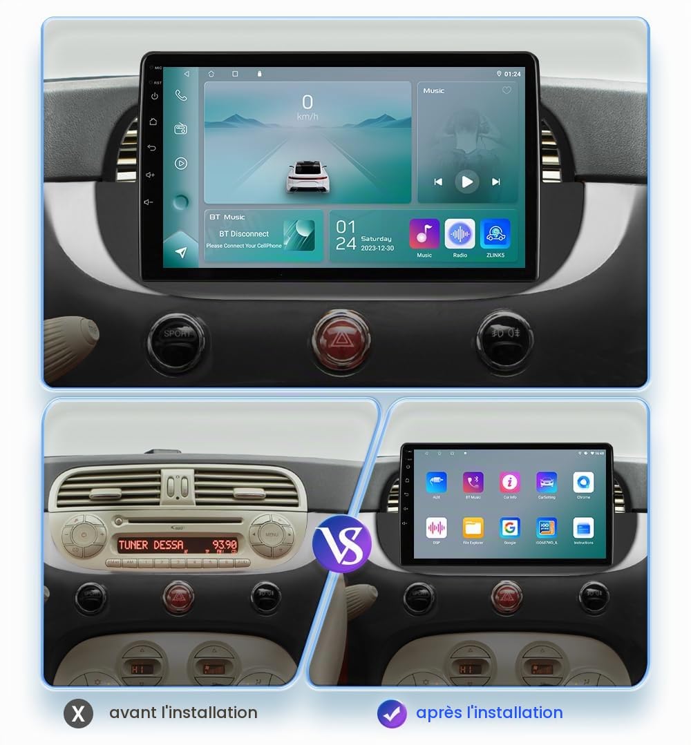 hizpo 9 pouces écran tactile Autoradio compatible avec Fiat 500 2007-2014 avec Carplay/Android Auto 4-core UPC 2+32GB DAB Adaptateur autoradio WiFi 4G Mirror Link (noir-1)