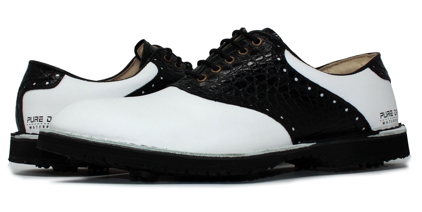 PORTMANNSaddle Classic Tour Men's Golf Shoes | Durable Premium Leather | Pure Drive Tec. (45 EU / 10.5 UK, White Black Croc)