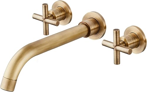 Midanya Grifo de lavabo de baño montado en la pared, doble manija de 3 agujeros, grifo mezclador de lavabo de tocador con válvula áspera en doble