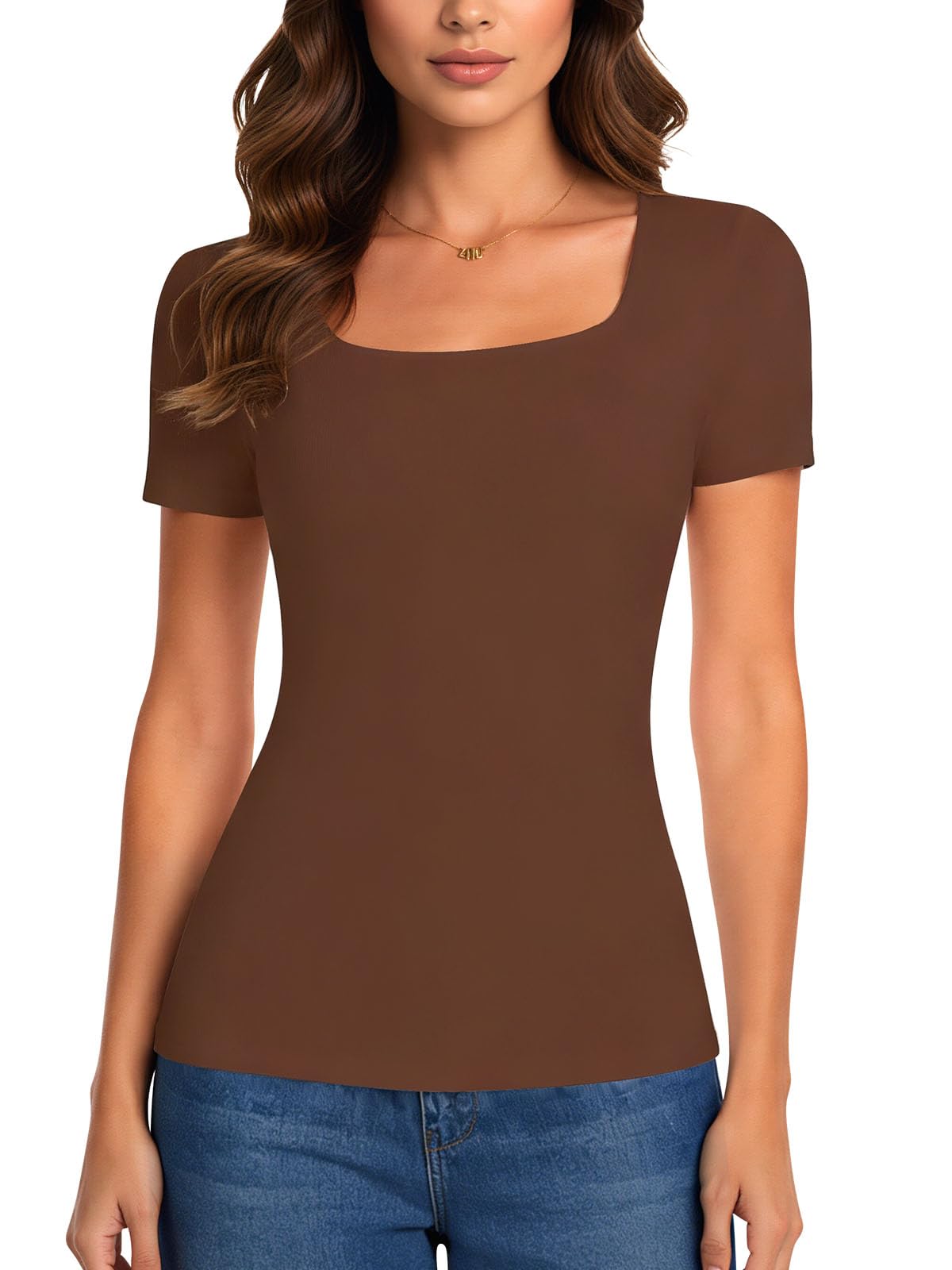 Joyshaper Tshirt Damen Sommer Kurzarm Tops Eckiger Ausschnitt Basic Elegant Tee Shirts Slim Fit Oberteile