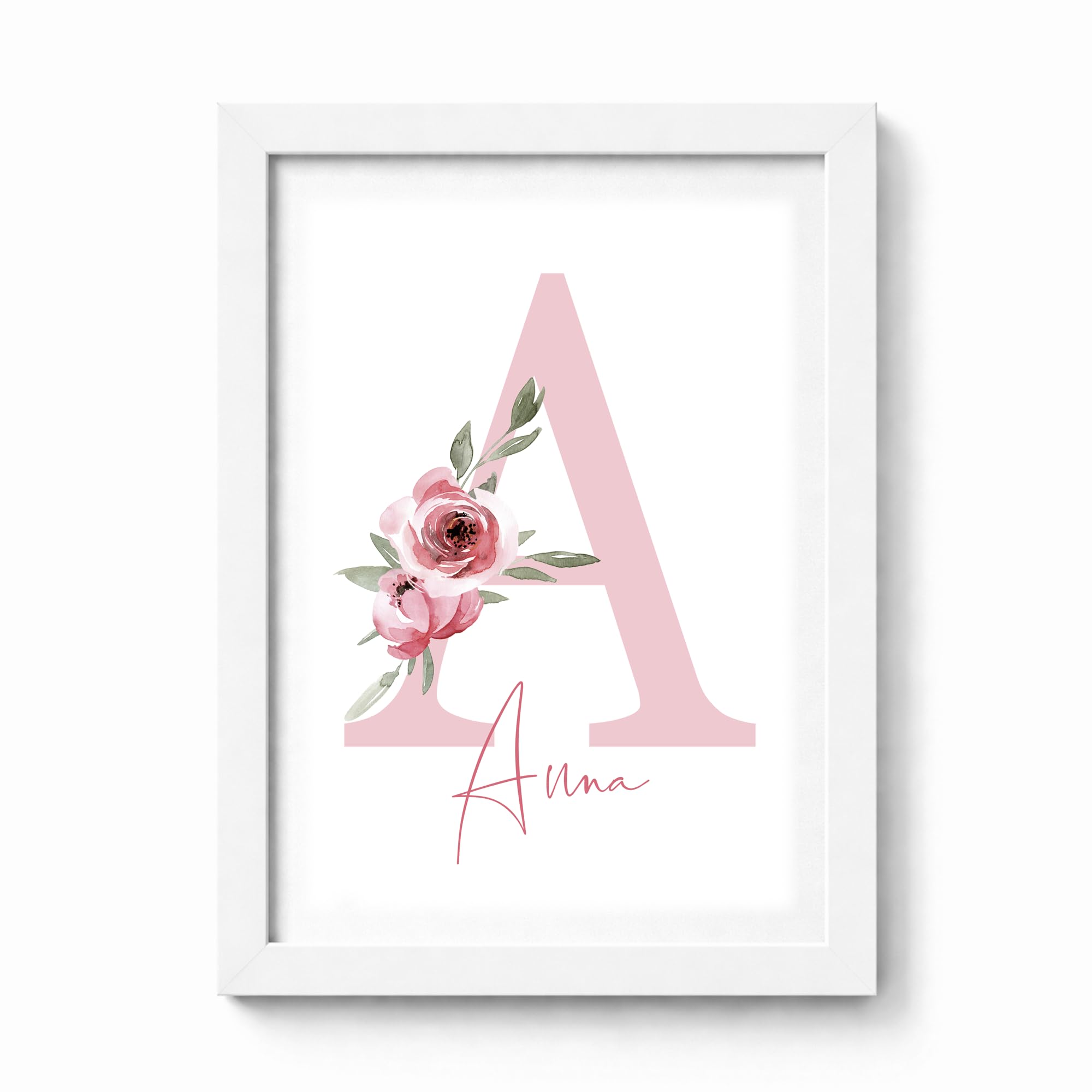 Violet Grace Personalised Pink Floral Initial Any Name Print - Wall Art Decor For Her Girls Baby Bedroom Nursey Poster Picture Present Gifts - A5, A4, A3 Prints & Framed