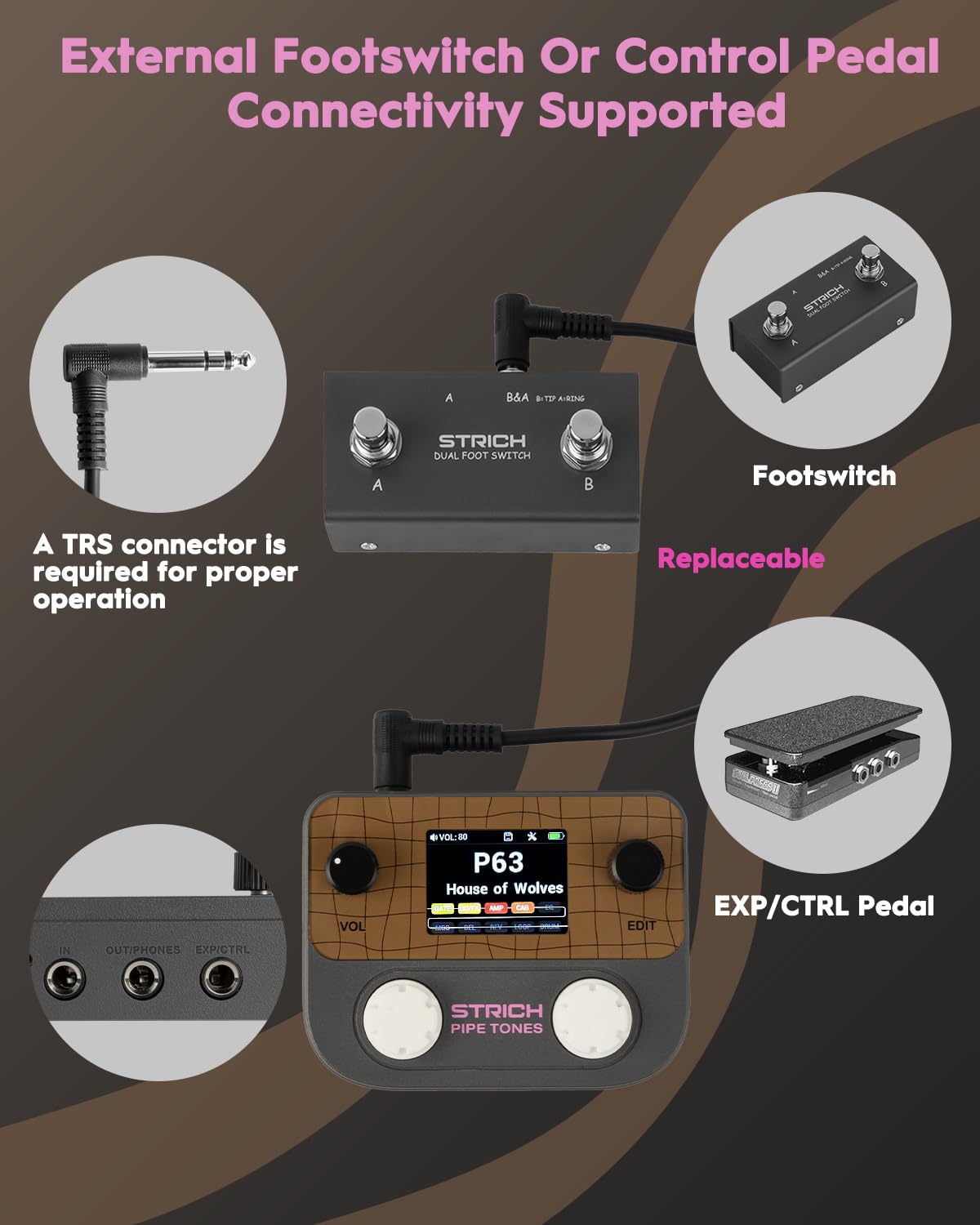 STRICH Pipe Tones Pocket Multi-Effects Processor per chitarra e basso con pedale 10 moduli effetto 125 effetti Looper 40s 100 pattern di batteria Interfaccia audio USB Controllo wireless(Grigio scuro)