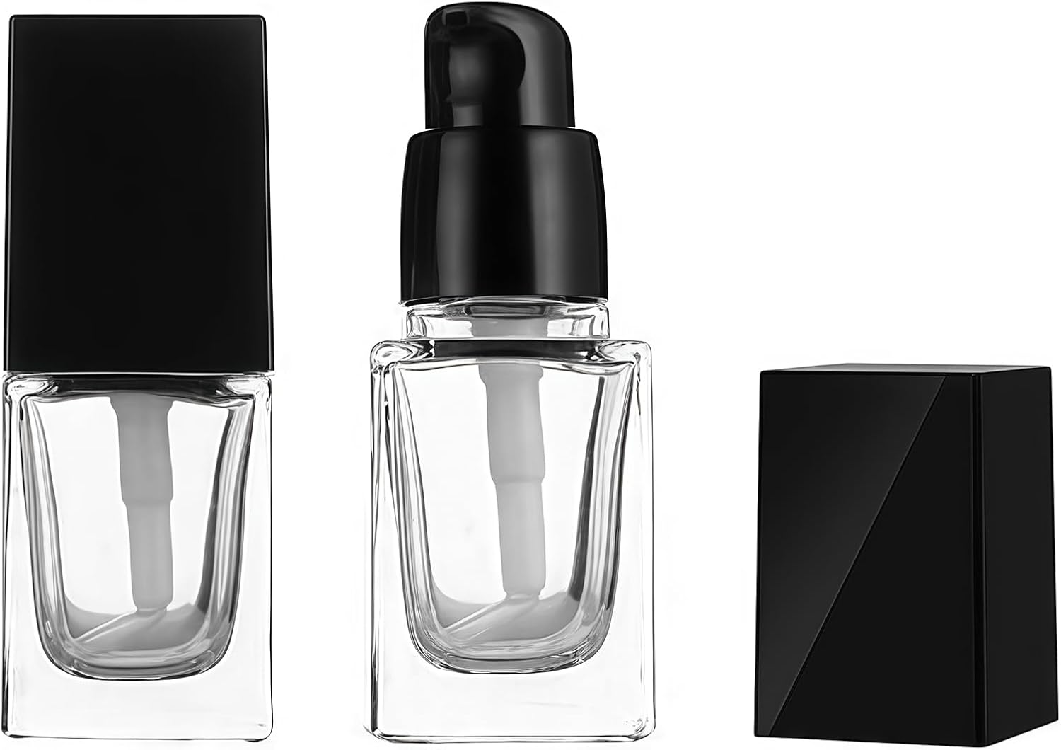 2 Pack 15ml/0.5oz Empty Clear Square Glass Bottles with Press Pump Head, Refillable Travel Makeup Containers, Leak Proof Mini Foundation Containers for Lotion Cosmetics