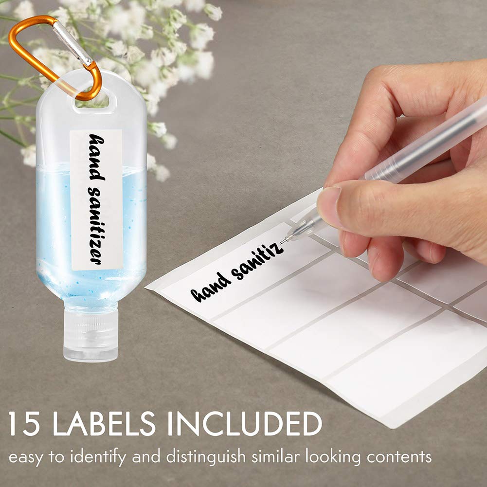 LotFancy Travel Bottles with Keychain, 70ml 2.4Oz, 15Pc Empty Plastic Carabiner Bottles, Refillable Squeeze Bottles for Hand Sanitizer, Leakproof, 15 labels Included