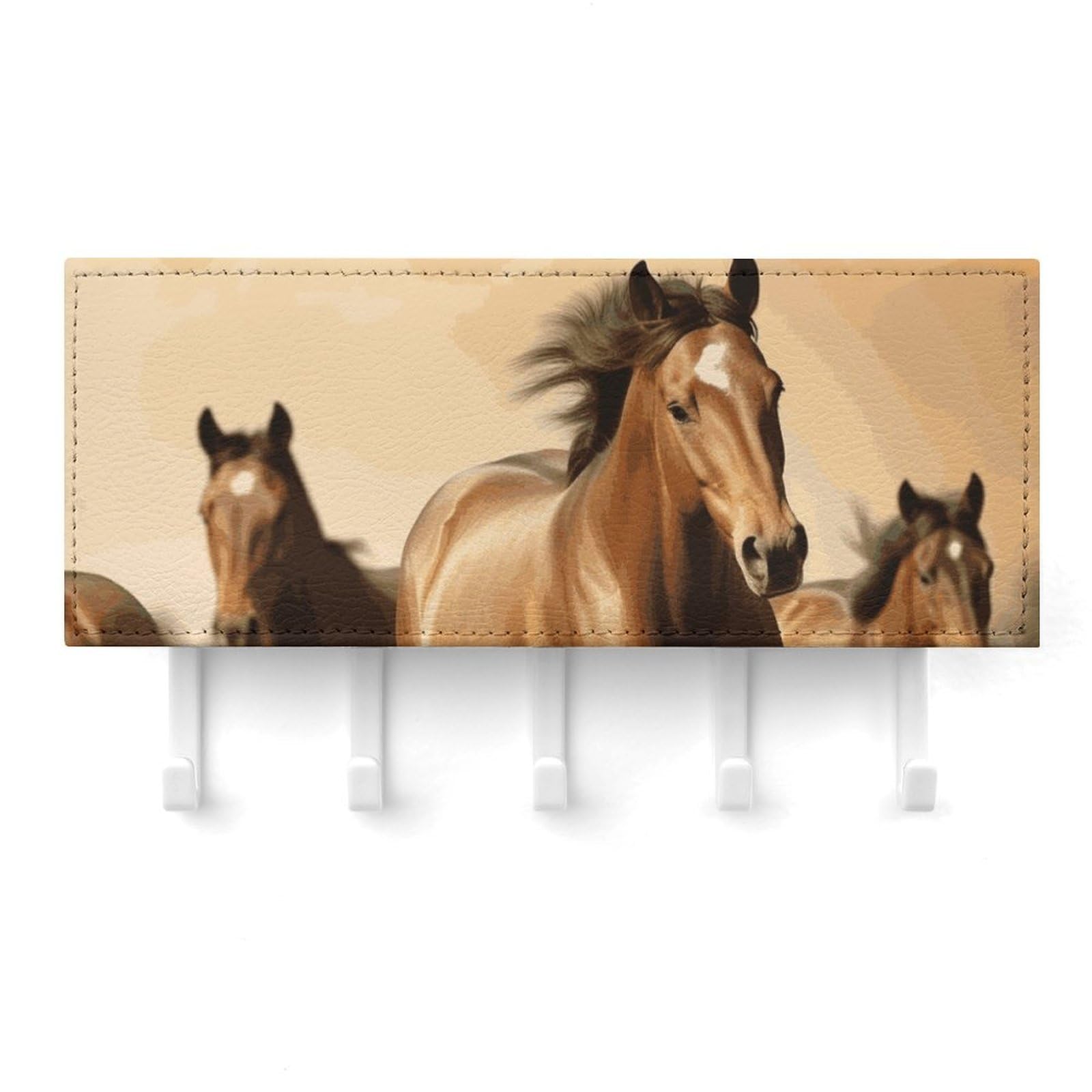 Fekiloot White Horses Key Holder For Wall Adhesive, No Drilling, Key Hooks With 5 Hooks Wall Mounted, Self Adhesive Keys Rack For Entryway, Hallway, Living Room, Kitchen, Office