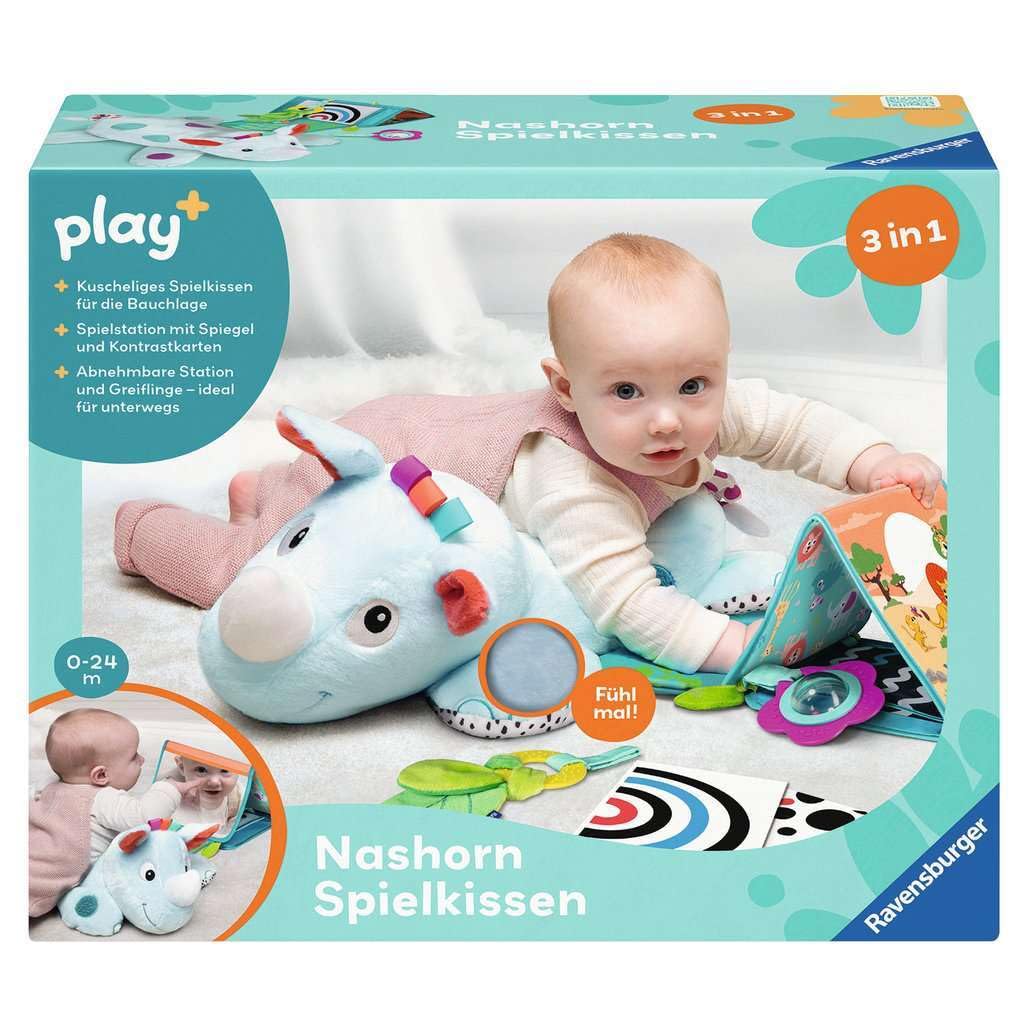 Ravensburger Coussin 4866 Play+ Rhino Play (pour la Position couchée), Ensemble de 4 pièces, Jouet Tummy Time, Animal en Peluche Qui entraîne la Position couchée, pour bébés à partir de 0 Mois