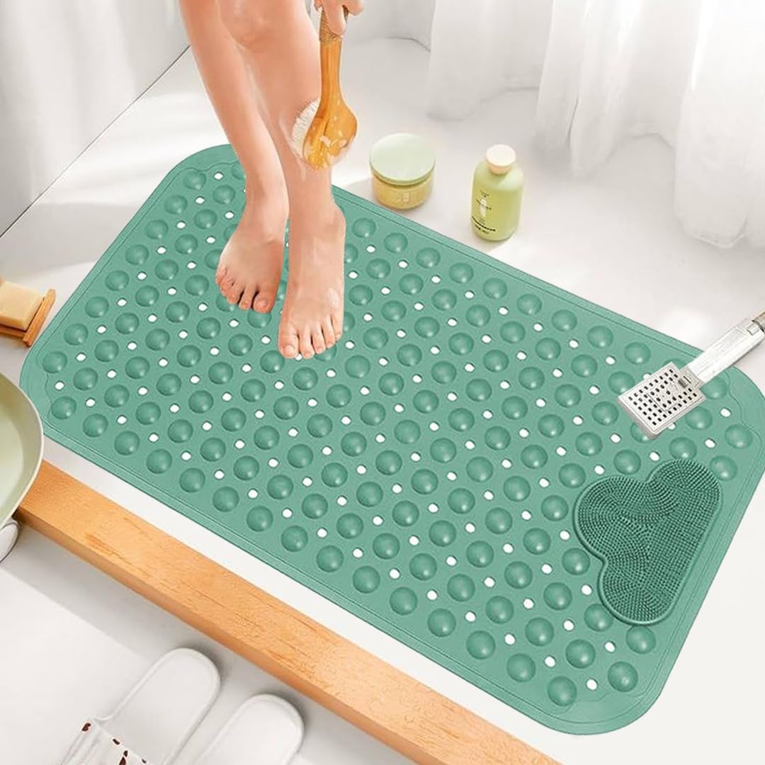 Green Shower Mat with Foot Massager - 70x40 cm Bath Mat Non Slip Anti Mould & Mildew with Strong Suction Cups and Drain Holes - Soft PVC Bathroom Mat, Quick Dry & Machine Washable — image 1