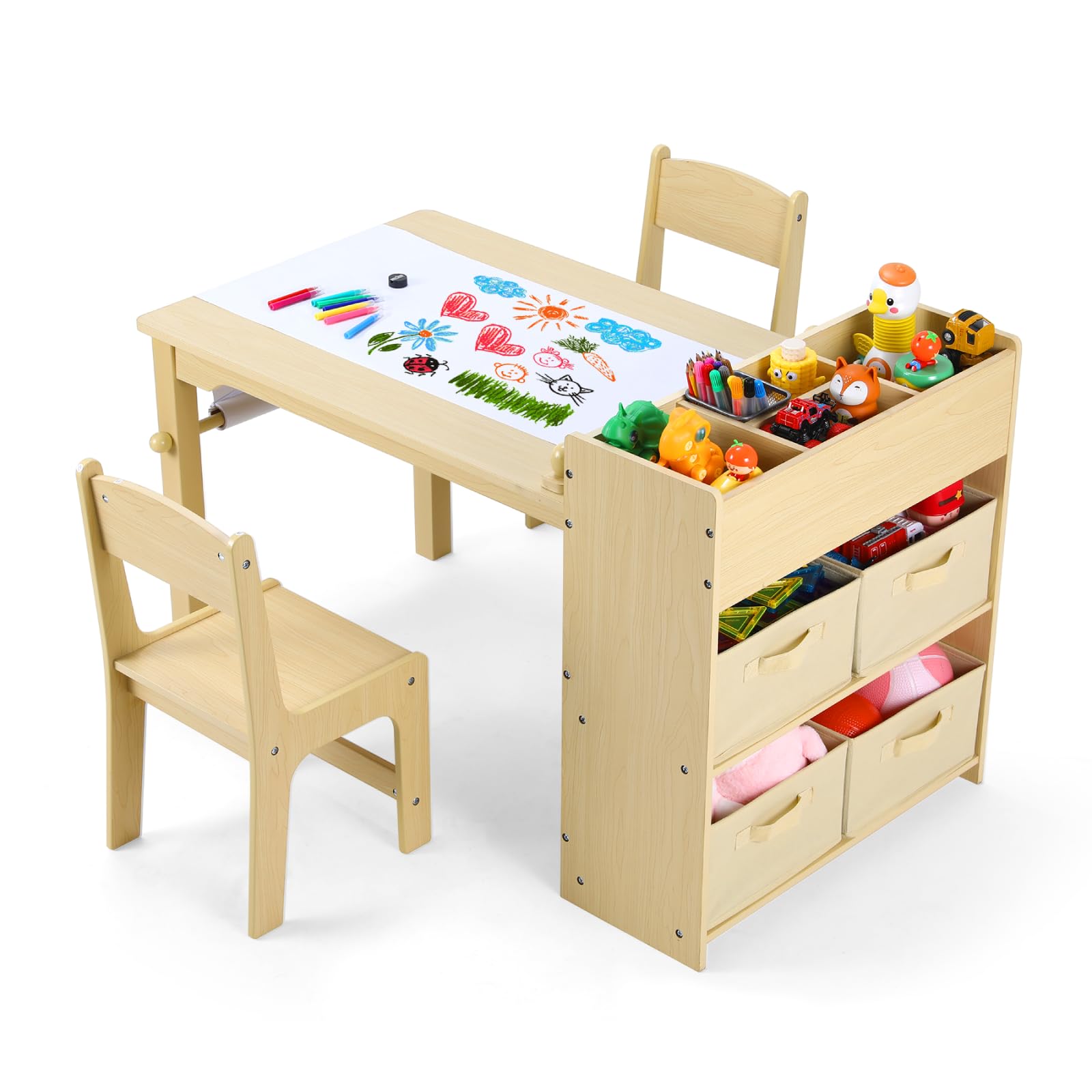 Arlopu Kids Art Table and 2 Chairs Set, Large Size Toddler Wood Activity Table, Sturdy Drawing Desk with Large Storage, 4 Bins, Paper Roll for Children Painting, Reading