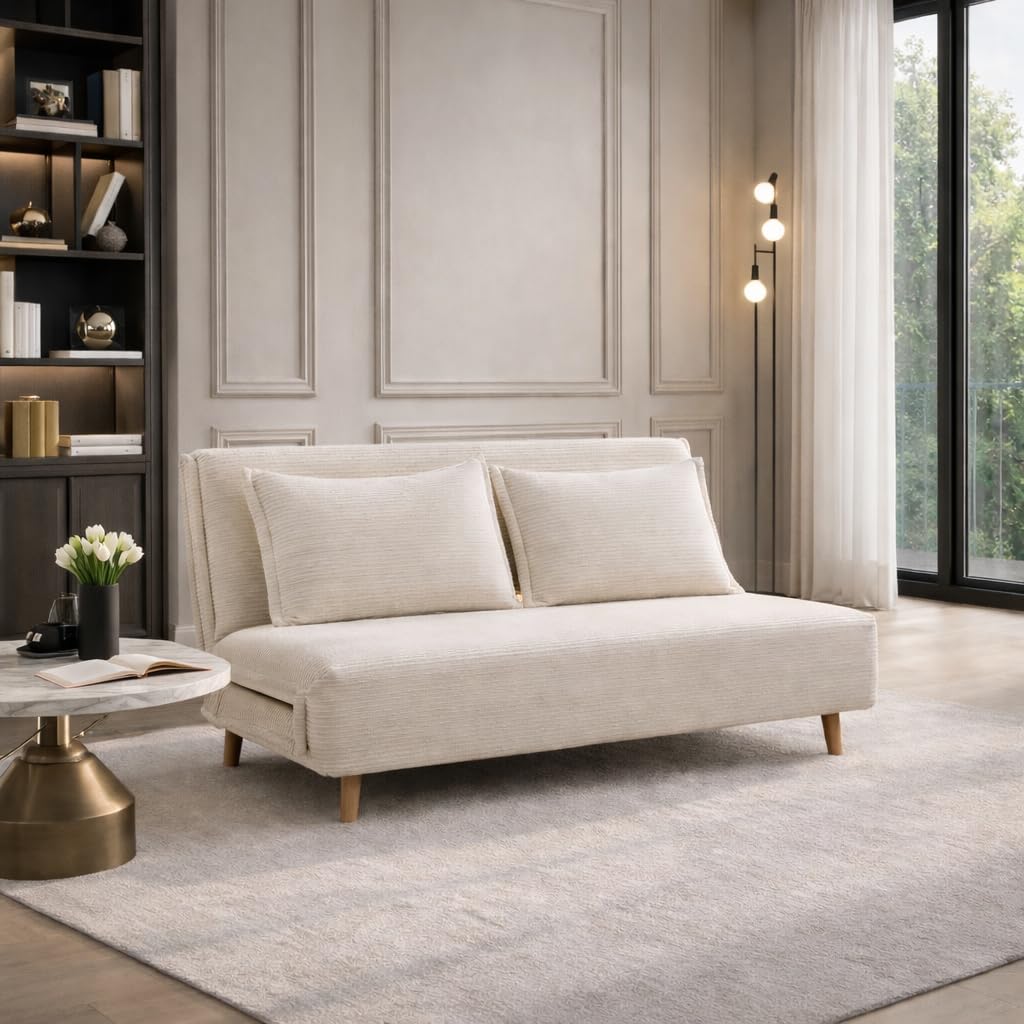 EVERGREENWEB Divano Letto Trasformabile in Letto Matrimoniale 160x190 con Materasso e Coppia Cuscini Imbottiti, Divanetto Clic Clac con Schienale Regolabile 3 Posti con Gambe in Legno, Bianco | VELVET