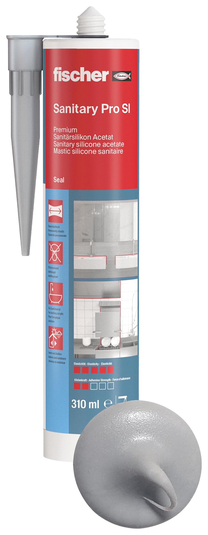 fischer Premium-Sanitärsilikon, Silikon zum Abdichten & Verfugen im Sanitär- und Küchenbereich, Kartusche für zahlreiche Anwendungen und Baustoffe, Langzeitschutz vor Schimmel, 310 ml, silbergrau