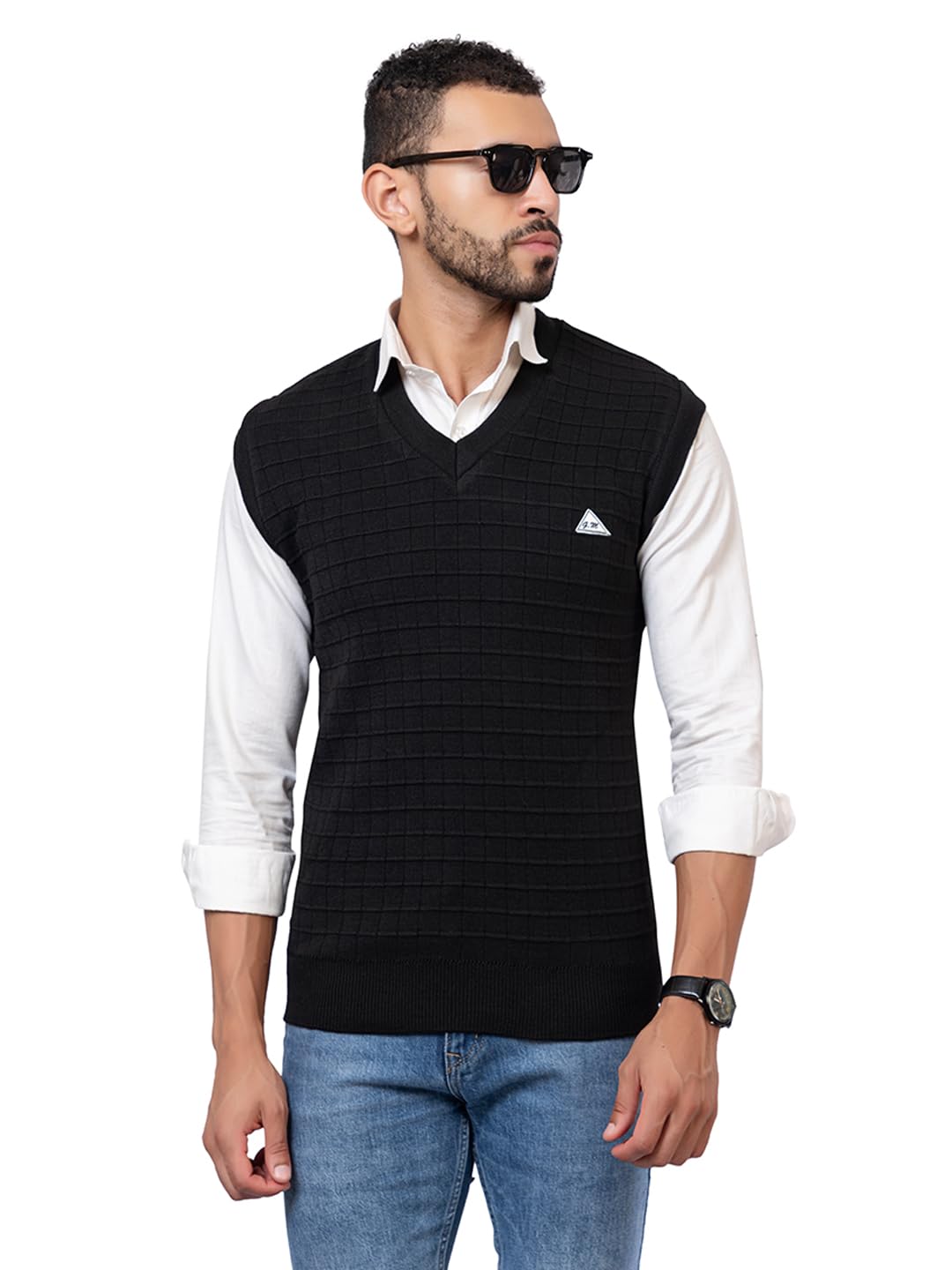 Men’s Sleeveless Wool Sweater | Classic V-Neck Pullover with Grid Knit Design | Lightweight Winter Layer for Office & Casual Wear