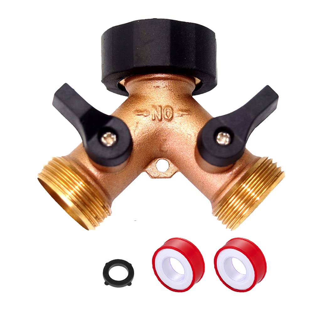 KTouler 2-Way Y Splitter Garden Water Distributor Connector 3/4 Inch Brass for Connecting 2 Devices Splitter Hose Distributor with 2 Roll Sealing Tapes