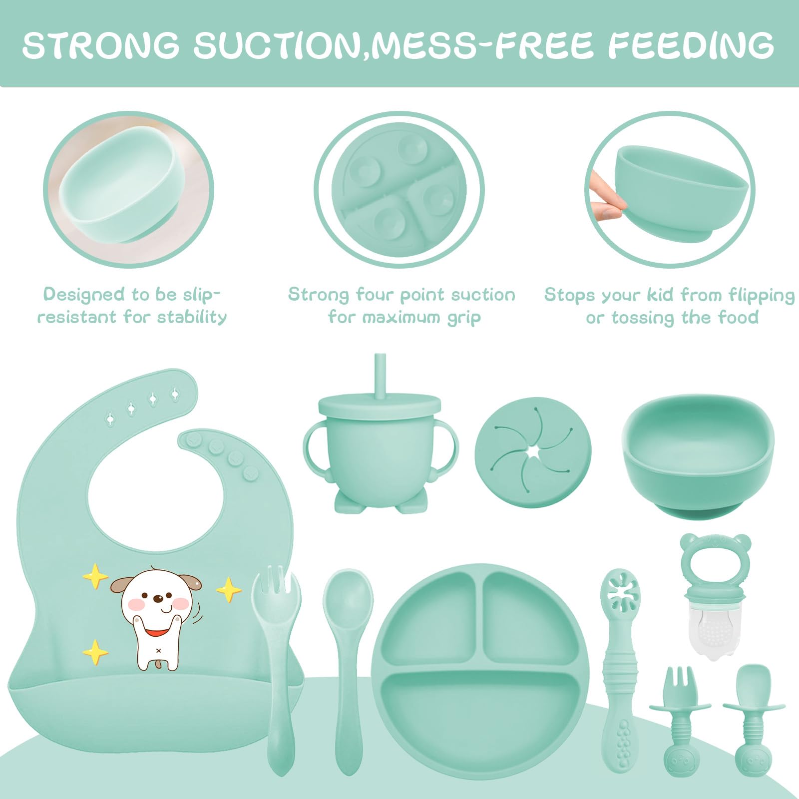 12 Pezzi Set Pappa Svezzamento, Svezzamento Set Silicone Piatto,Set Pappa per Bambino,Set di Posate per Bambini Antiscivolo con Ventosa Piatto Ciotola Tazza Bavaglino Cucchiaio Forchetta (Menta)