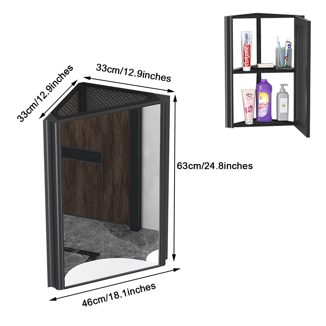 Armadietto angolare da bagno a specchio, triangolare, in alluminio, salvaspazio, da parete, armadietto per WC, soluzione di archiviazione compatta nera (dimensioni: 33 x 33 x 63 cm)