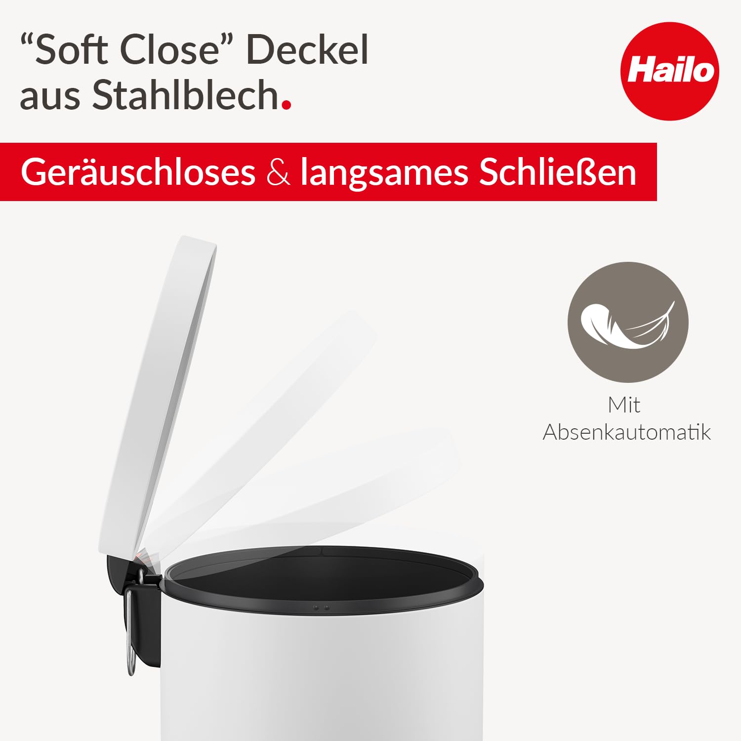 Hailo Selekta runder Tretmülleimer mit Soft Close Deckel - 30L Fassungsvermögen - herausnehmbarer Inneneimer - Stahlblech - Bad & Küche - Tretmülleimer mit Design-Fußpedal - weiß