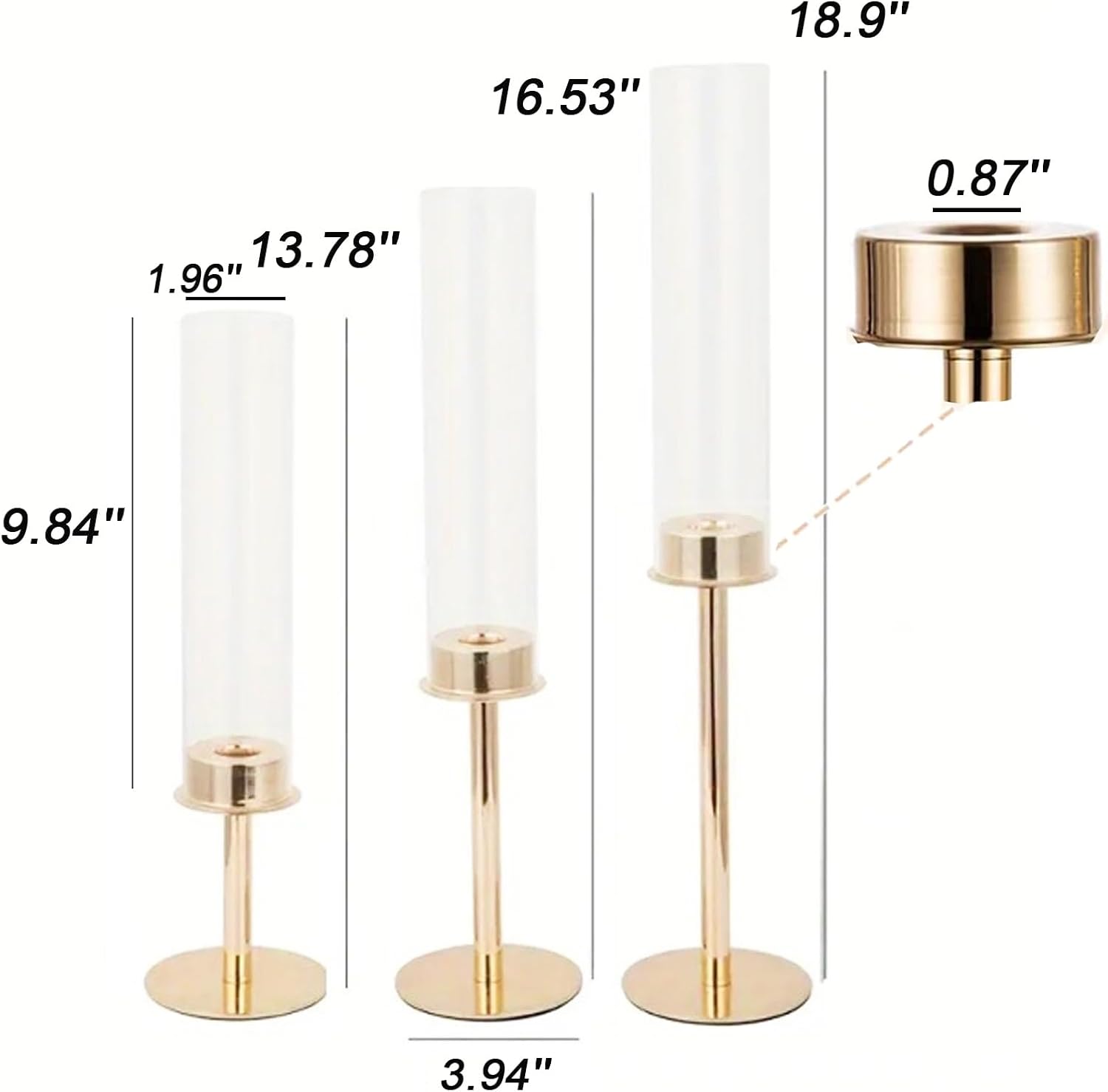 Hurricane Candle Holder Gold EylKoi - 3Pcs/Set Taper Candlestick Holders with Glass Candle Cover Long Windproof for Taper Candles Centerpieces Wedding Christmas Home Table Decorations,14" 16" 18"