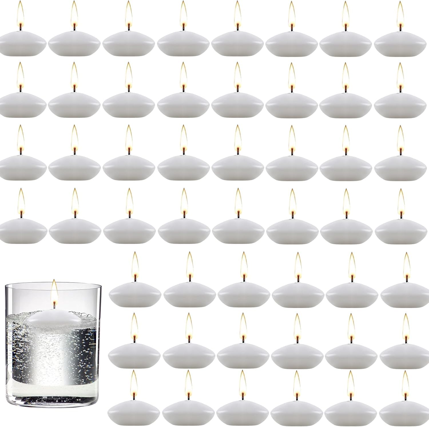 50 Pieces 1.5 Inch Unscented Floating Candles Set, Small Floating Candles for Centerpieces Dripless Wax Discs for Holiday, Wedding, Halloween, Christmas, Valentine's Day, Pool Party(White)