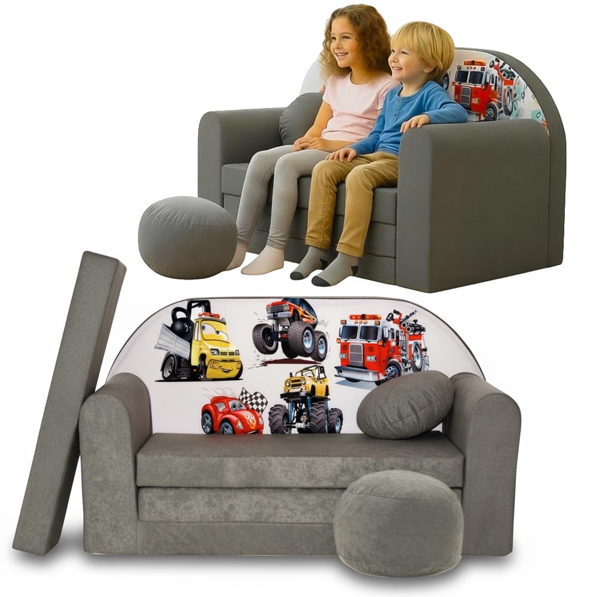 TUPPI Kindersofa mit Schlaffunktion 168x98 cm - Kindersofa Ausklappbar - Kinder Sofa für Kinderzimmer - Samtweicher Velours - 4-teilig inkl. Kissen & Puff