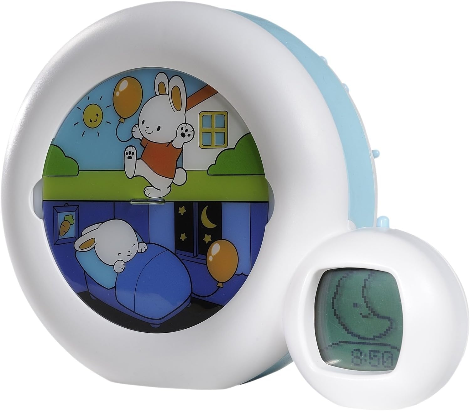 Réveil Enfant Educatif - Jour/Nuit - Musical - Lumineux - 3 Fonctions : Veilleuse, Indicateur & Réveil - Mixte : Fille et Garcon - Secteur ou Pile - Moon 3 en 1 - Blanc & chacun dans son lit