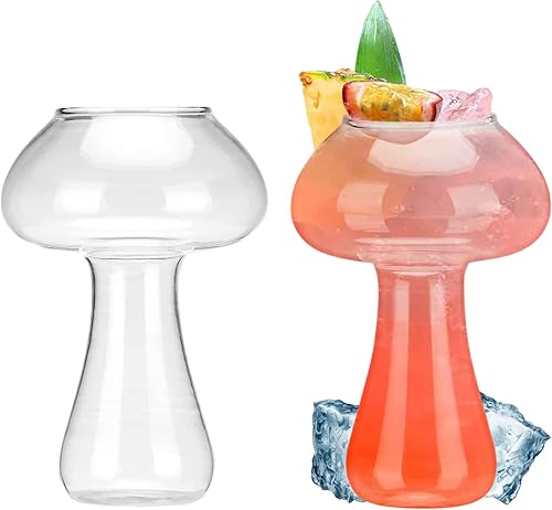 Atarvana Paquete de 2 vasos de vidrio de hongo de 8.5 onzas 8.5fl oz, 2 tazas creativas de hongos novedosas cristalería para beber de hongos para