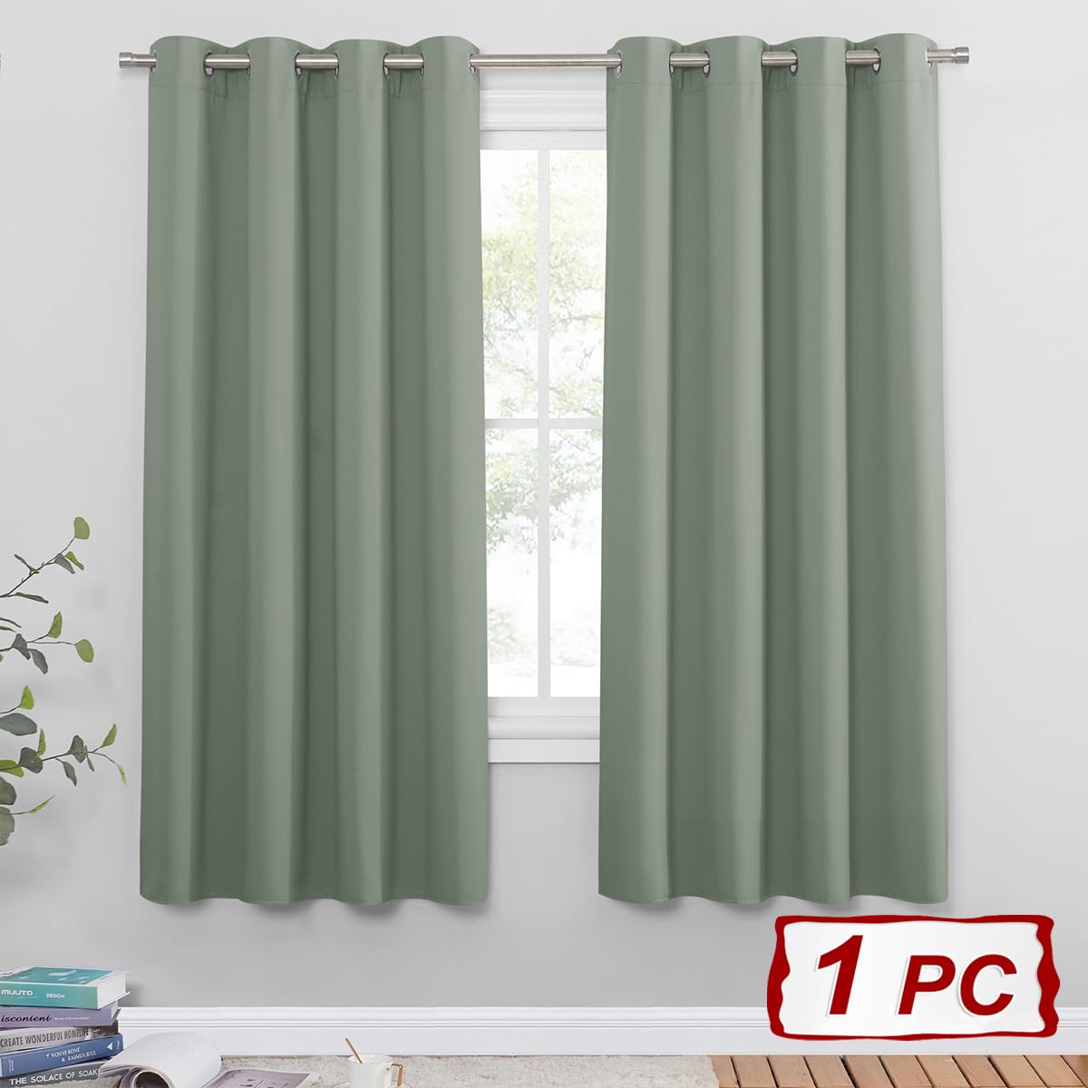 PONY DANCE Tenda Oscurante ad Anelli Camera da Letto 1 Pezzo L 140 x A 180 cm Curtains per Soggiorno Termiche Isolanti per Interni, Verde Salvia