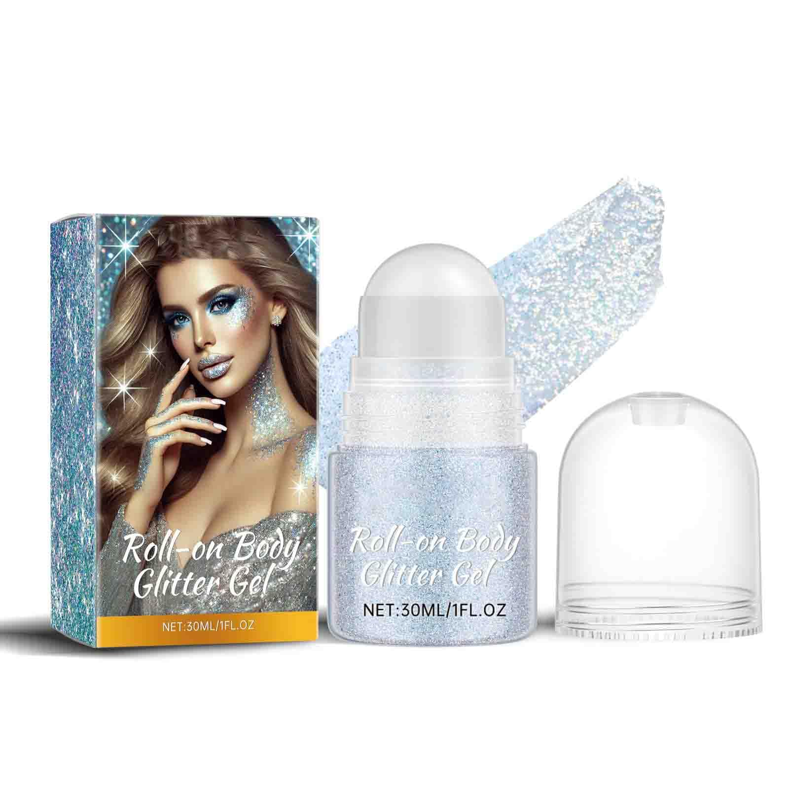 NALACAL Glitter Roll-on for Hair and Body, 4PCS Color (Blue, White, Grey, Pink), 3.38oz, Long-Lasting Body Shiny Roll-on for Stage Makeup, Music Festival, Christmas, Halloween