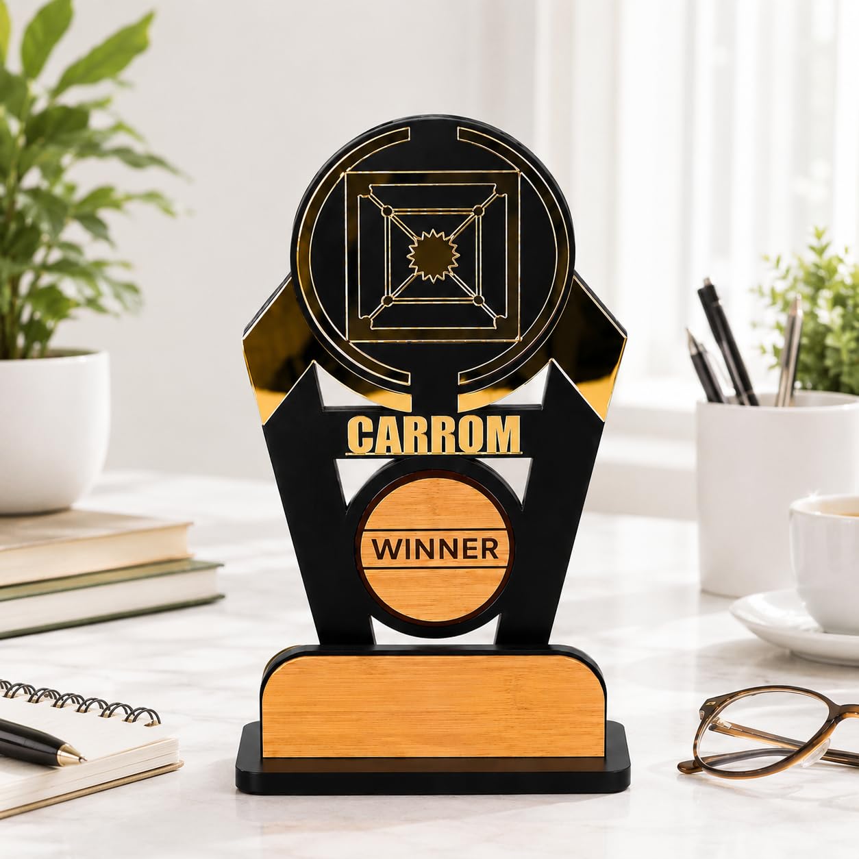 GKD Wooden & Acrylic Sports Winner Trophy - Carom - Ideal for Awards & Celebrations