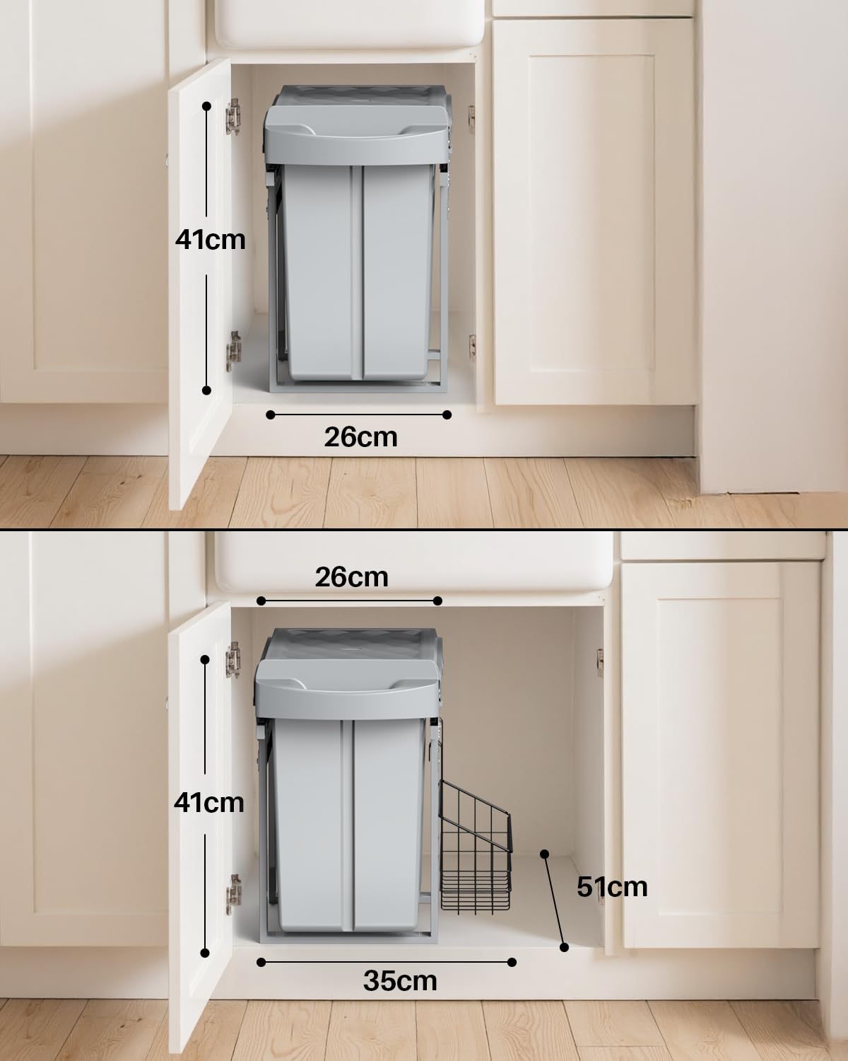 lovewind Abfallsammler Tandem, 10L+20L, Mit seitlichem Hängekorb, Abfalleimer für Schränke ab 300 mm Breite, Mülltrennung als Vollauszug mit Teleskopschienen, Dunkelgrau