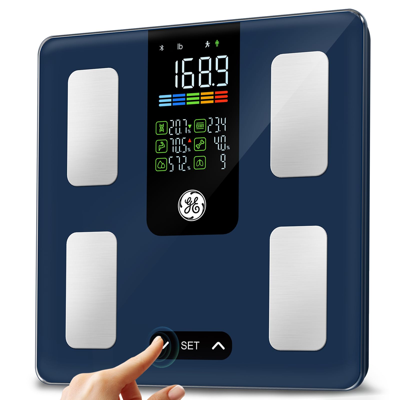 GE Smart Scale for Body Fat, Weight Scales with BMI Muscle Mass Button Function 500lbs Digital Bathroom Weight Machine Body Composition Monitor 11.8" Platform Accurate Weighing Health Analyzer