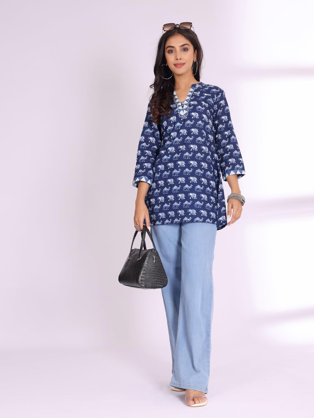 Varanga Women Handblock Printed Mandarin Collar Short Tunic Blue