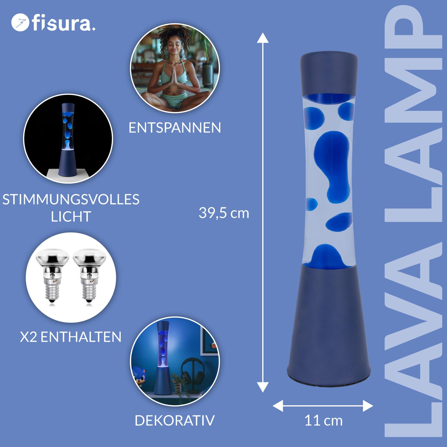Fisura – Lava Lampe blau. Blaue Basis und Lava mit transparentem Flüssigkeit schaffen eine entspannende Atmosphäre für jedes Zimmer. Mit Ersatzbirne für eine längere Nutzung. Maße: 11 x 11 x 39,5 cm.