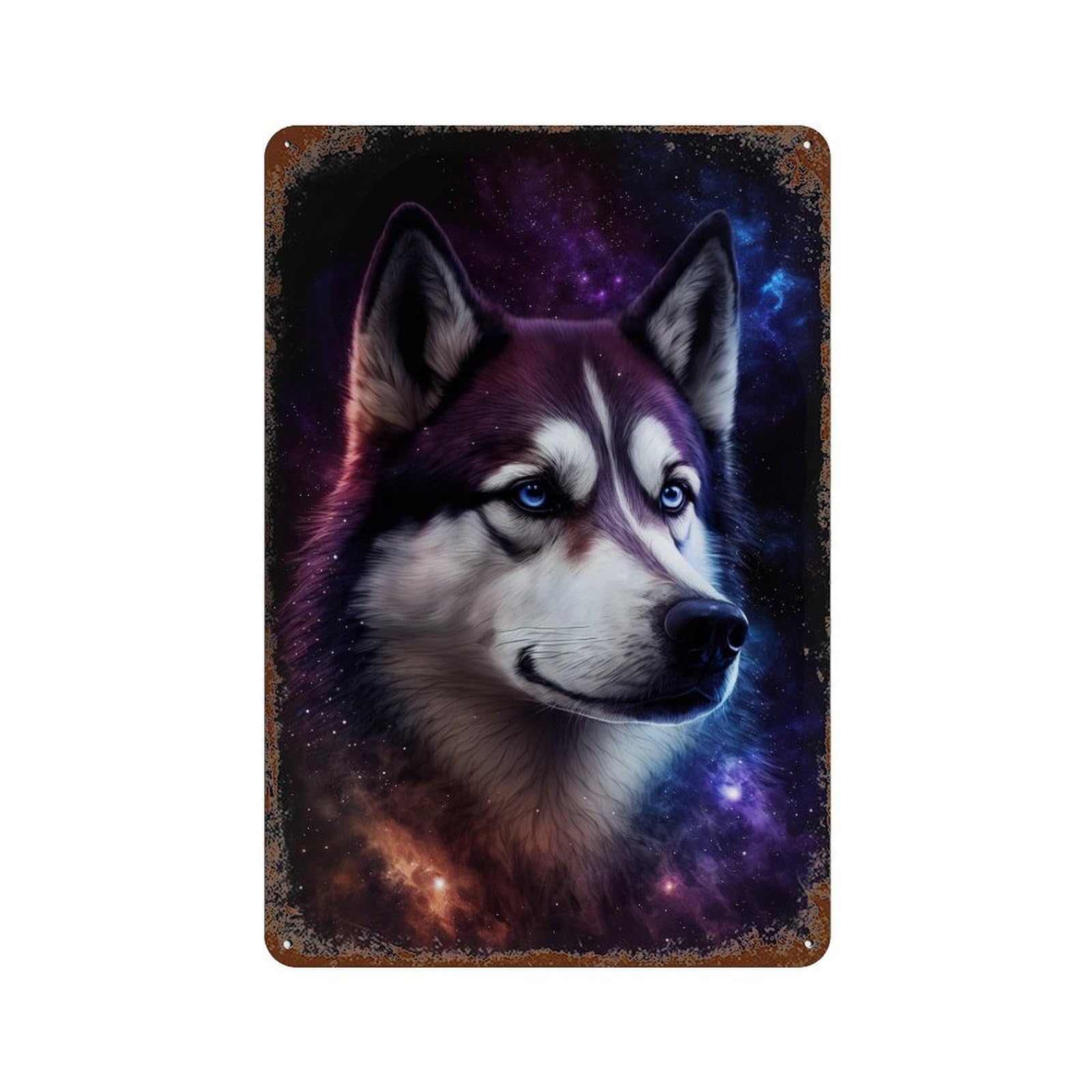 Rust Effect Cosmic Husky Portrait-4 Rustic Tin Plaque 11.8"x7.9", Shabby Chic Decor for Basement, Hobby Room And Garage Decor