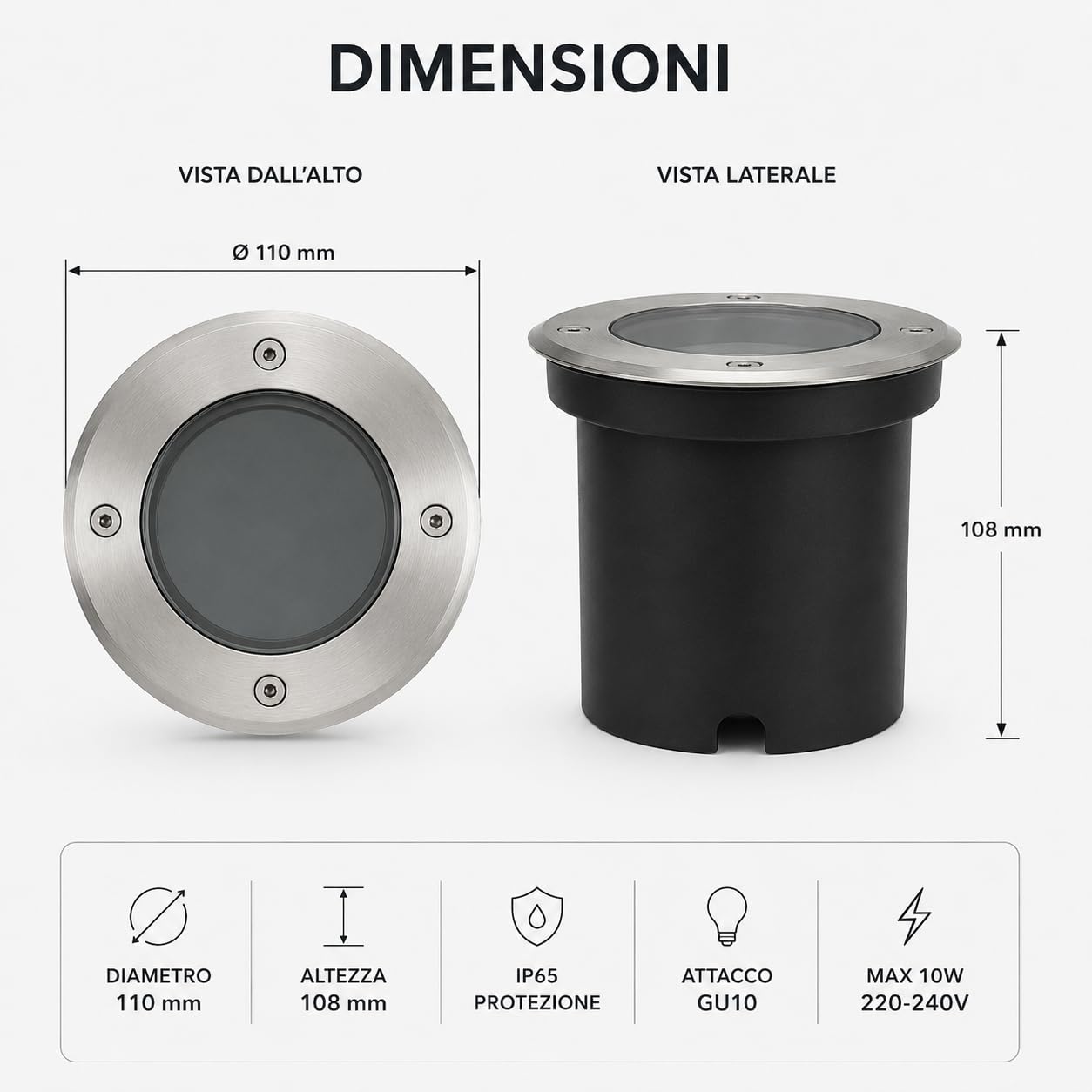 Faretto Calpestabile tondo GU10 da Incasso per Esterno IP65 Acciaio Inox 220V per Vialetti Giardini (4 pezzi)