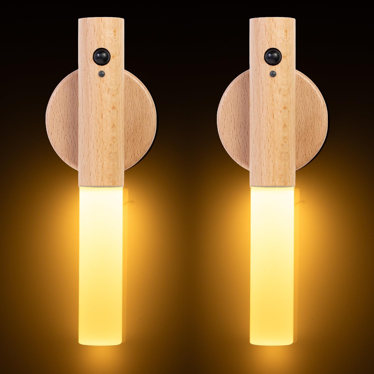 Doraimuni 2PCS Rechargeable Motion Sensor LED Night Light Wooden Wall Sconce, Removable Magnetic Wall Lights for Bedroom Hallway Stairway Porch, White [Energy Class A]
