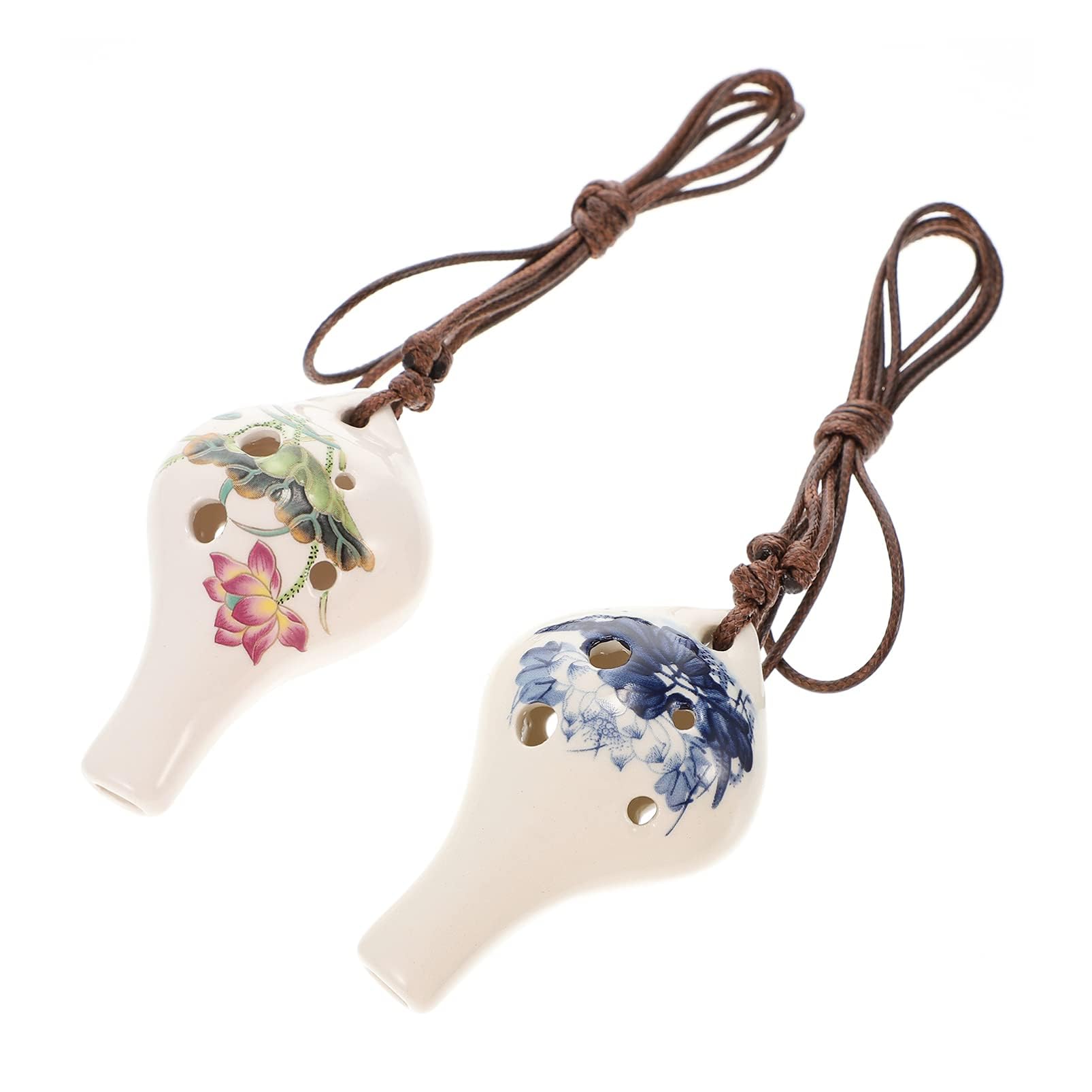 KASTWAVEWhite Ceramic Ocarina Set of 2 with Lotus Design 6 Hole Alto Flutes Perfect for Beginners and Kids