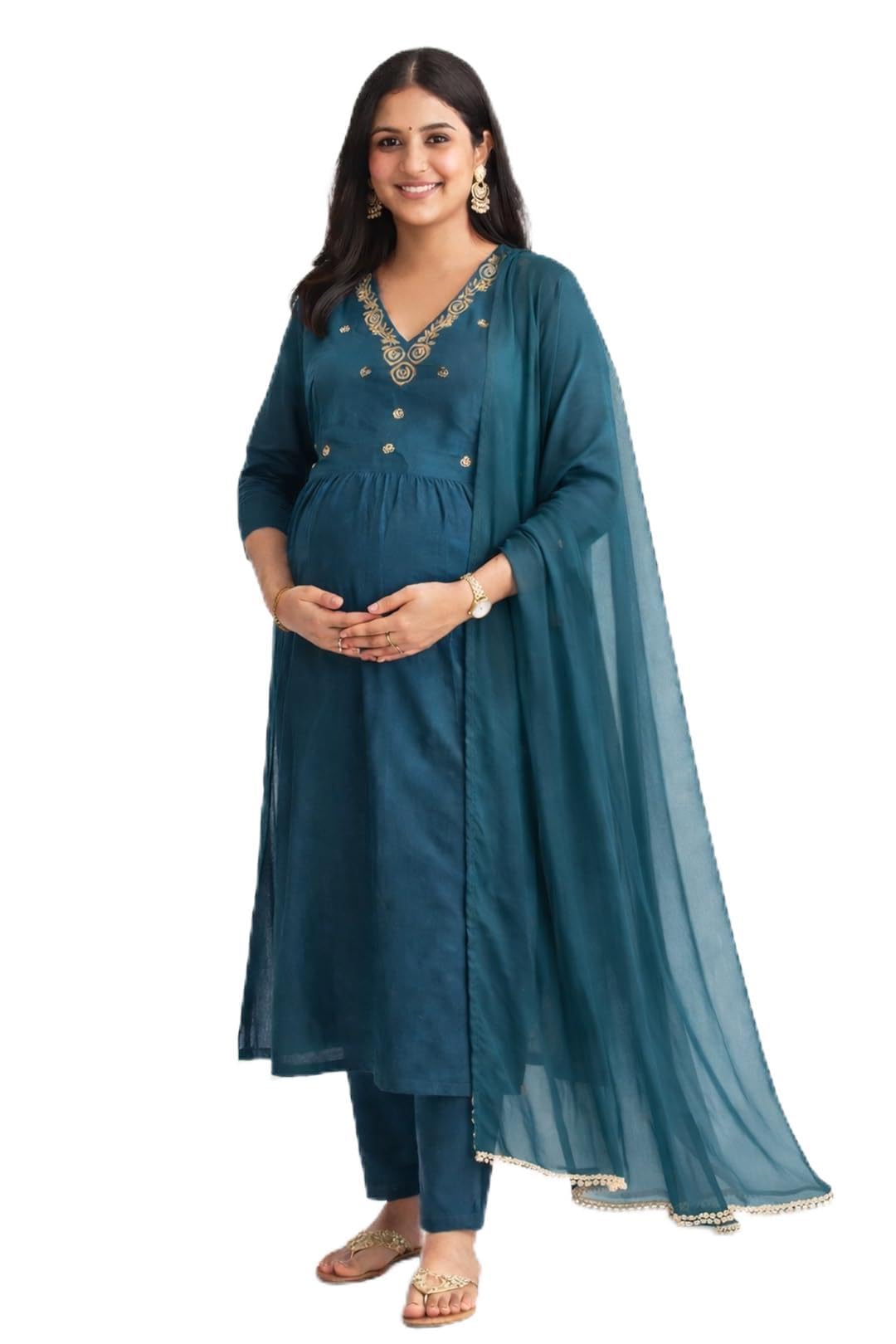 Maternity Kurta Set for Women with Dupatta, 3/4 Sleeve Embroidered A-Line Kurta with Pants, Comfortable Pregnancy & Postpartum Wear-image-22