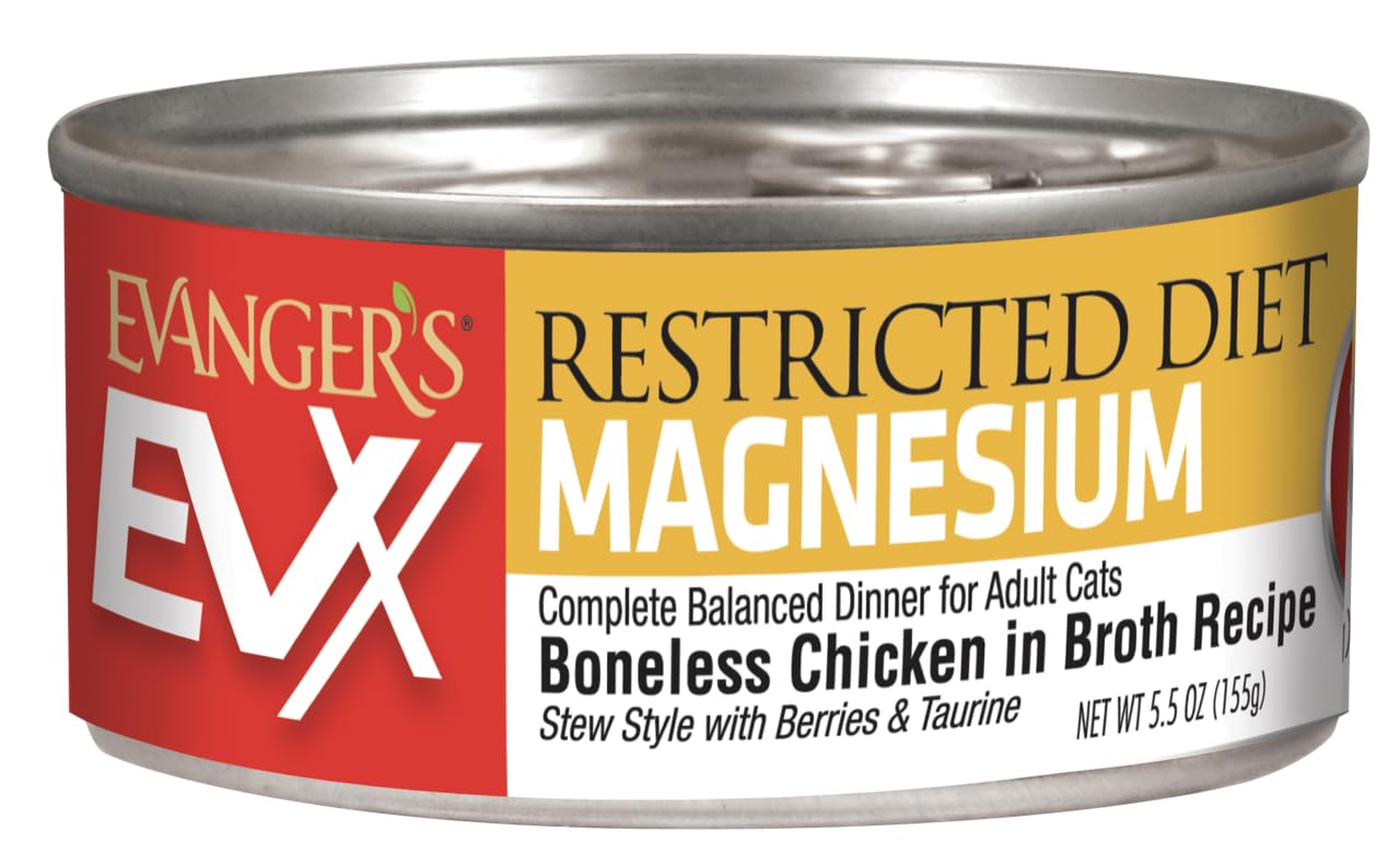 Evanger’s EVX Restricted Diet Magnesium Canned Cat Food – 24 Count, 5.5 oz Cans Each – Boneless Chicken in Broth with Berries – Grain Free, Limited Ingredients, Stew Style